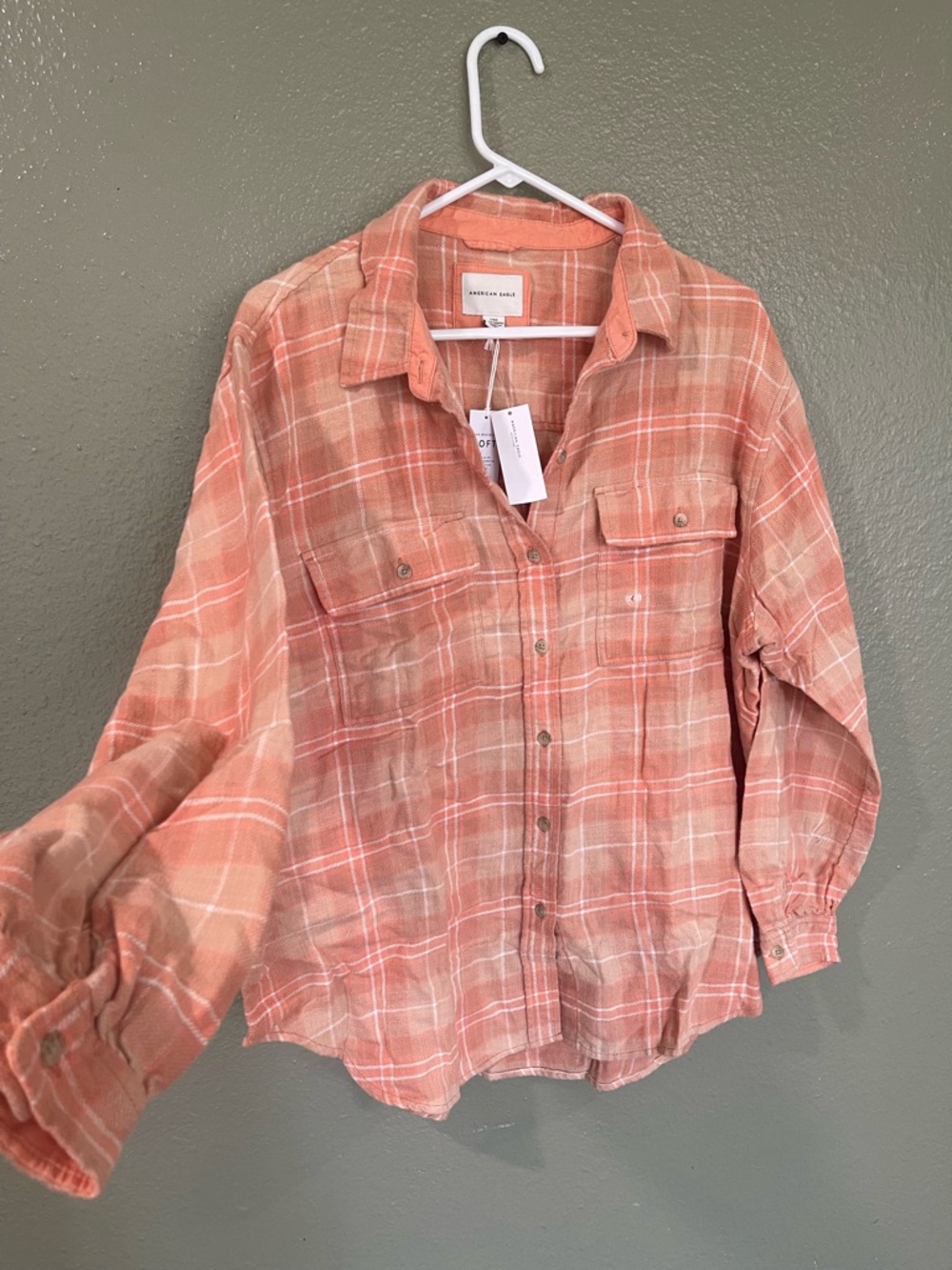 American Eagle Coral Plaid Button-Up Shirt
